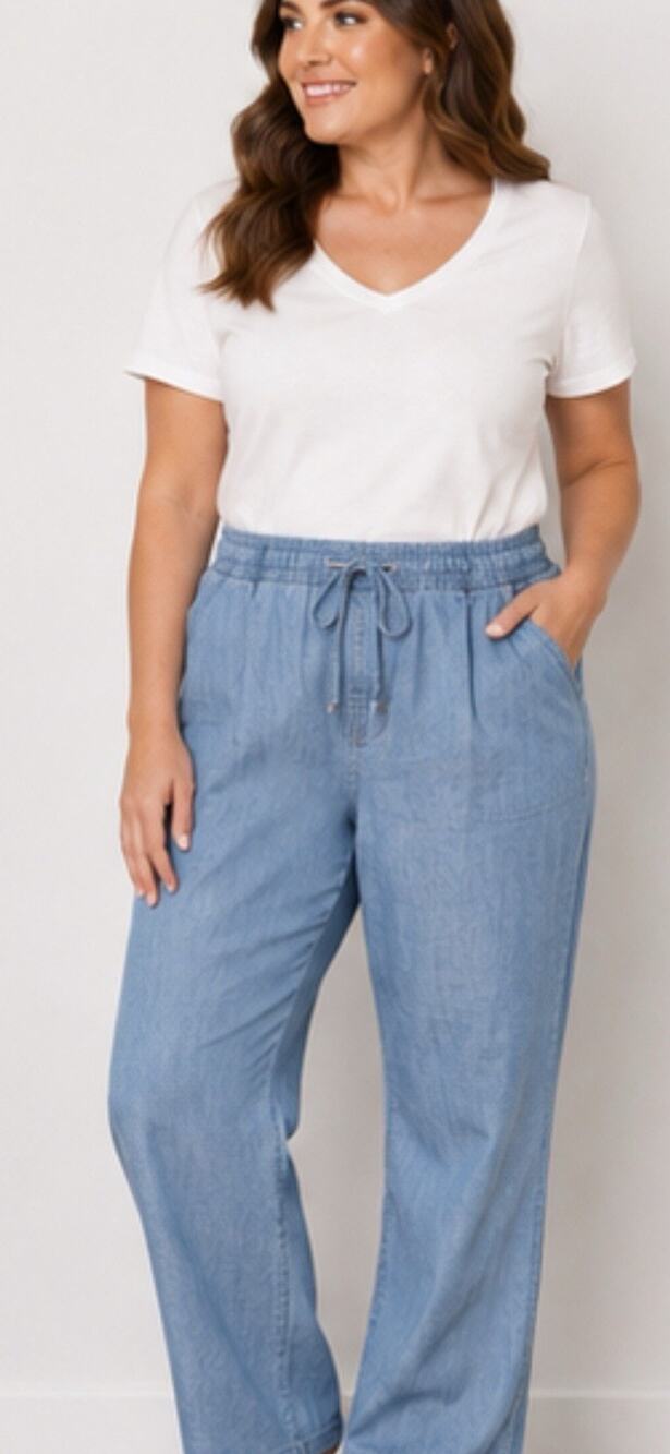 M&Co Plus Womens Blue Chambray Pull On Pants Elastic Waist Drawstring 17